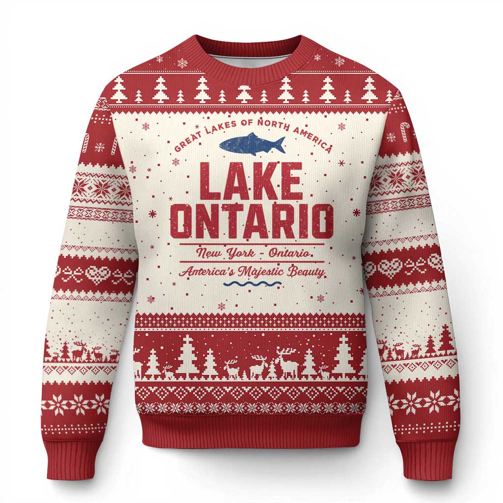 Vintage Lake America Funny Ontario USA Canada Graphic Ugly Christmas Sweater Retro Style The Great Lakes