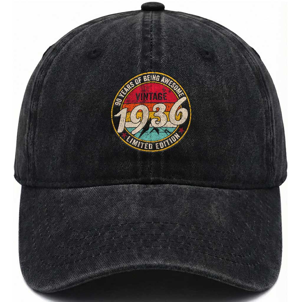90th Birthday Washed Cotton Baseball Cap Vintage 1936 Limited Edition Funny 90 Year Old Gift