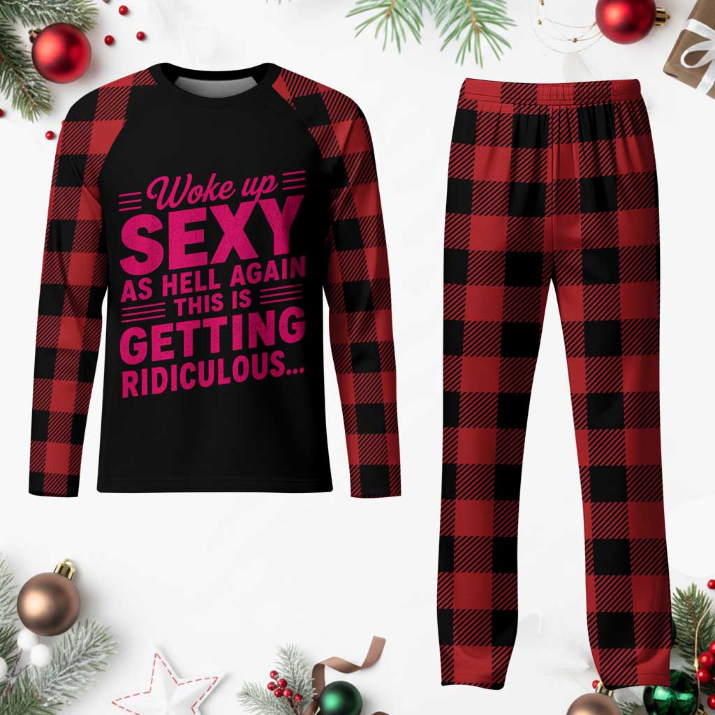 Woke Up Sexy Again Funny Confidence Quote Plaid Pajama Set Sarcastic Distressed Humor Graphic