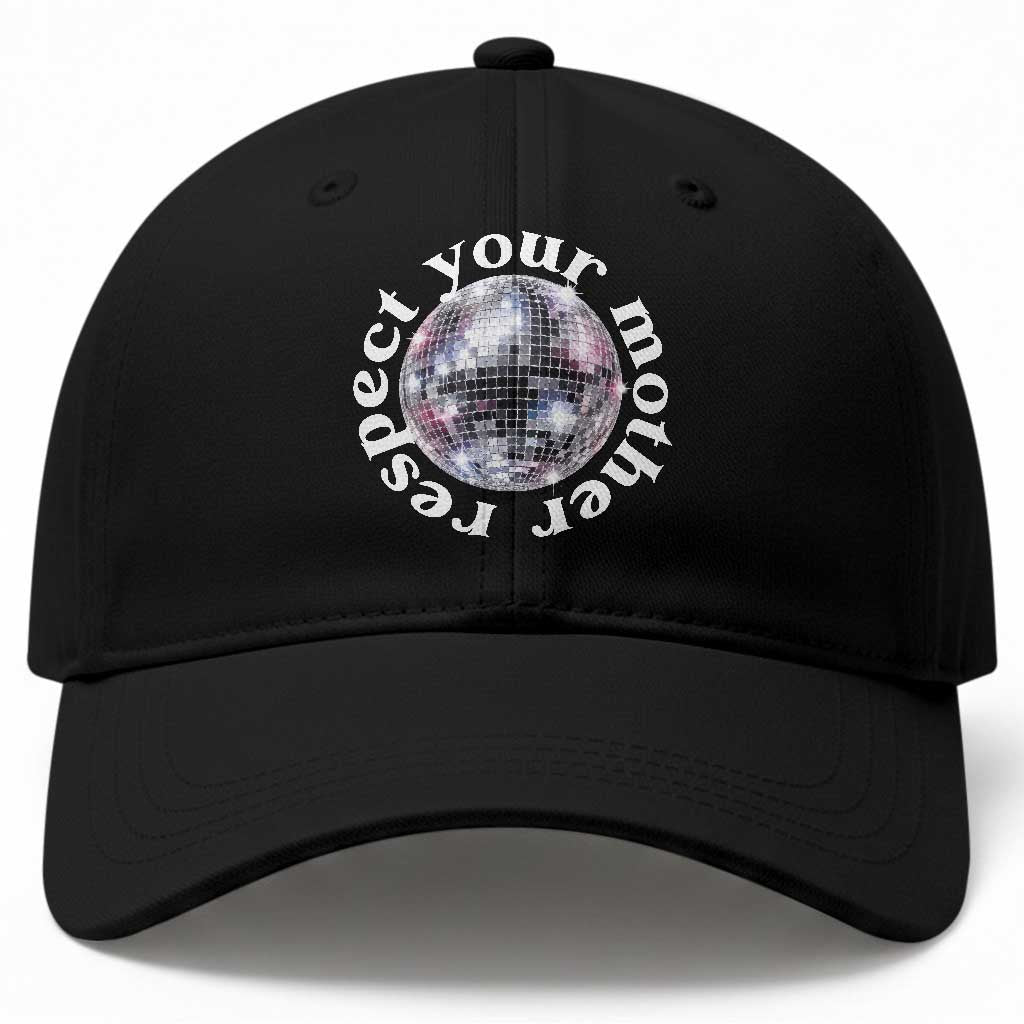 Disco Ball Respect Your Mother Baseball Cap Black and White Concert Mirrorball Retro