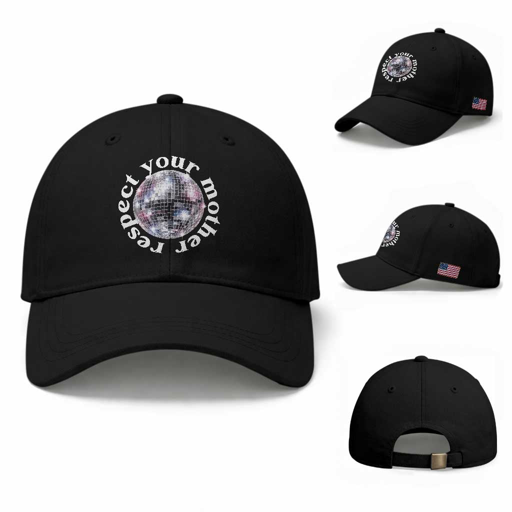 Disco Ball Respect Your Mother Baseball Cap Black and White Concert Mirrorball Retro