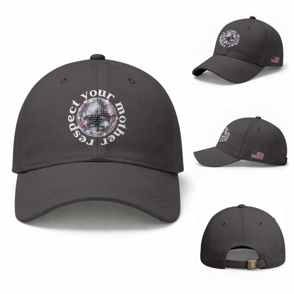 Disco Ball Respect Your Mother Baseball Cap Black and White Concert Mirrorball Retro