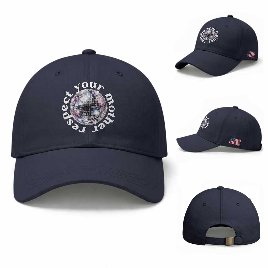Disco Ball Respect Your Mother Baseball Cap Black and White Concert Mirrorball Retro
