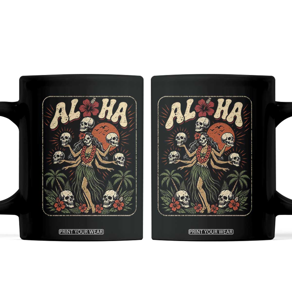 Aloha Skull Coffee Mug Hibiscus Flower Hula Dancer Dark Tropical Beach Gothic Hawaiian Vibe TS10 Black Print Your Wear