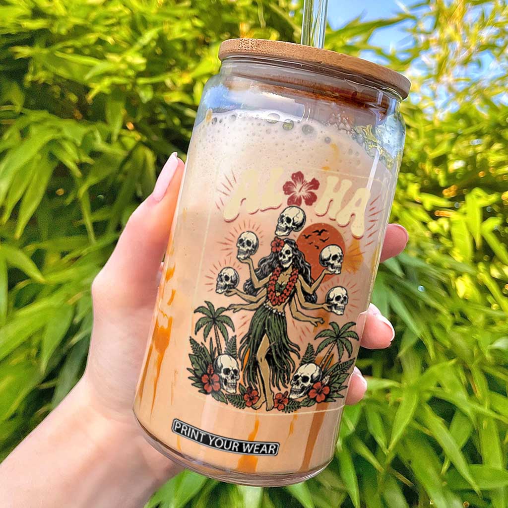 Aloha Skull Glass Can Hibiscus Flower Hula Dancer Dark Tropical Beach Gothic Hawaiian Vibe TS10 Black Print Your Wear