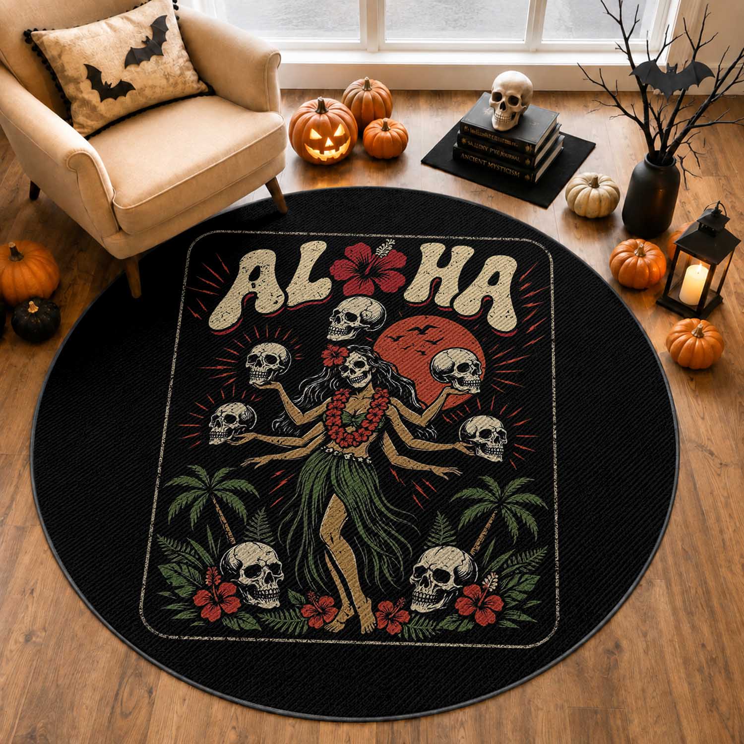 Aloha Skull Round Rug Hibiscus Flower Hula Dancer Dark Tropical Beach Gothic Hawaiian Vibe