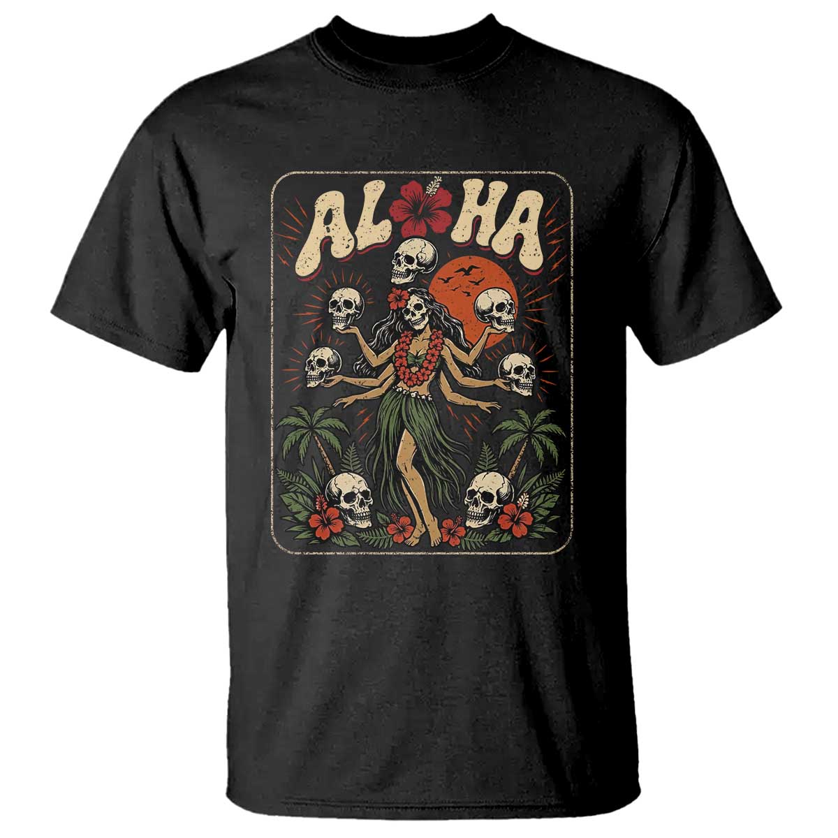 Aloha Skull T Shirt Hibiscus Flower Hula Dancer Dark Tropical Beach Gothic Hawaiian Vibe TS10 Black Print Your Wear