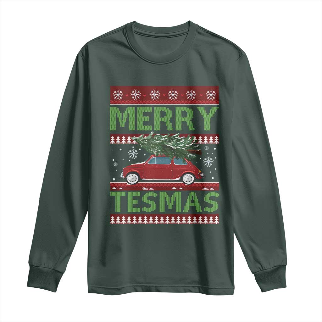 Funny Christmas Truck Long Sleeve Shirt Merry Tesmas Cybertruck Futuristic Car Ugly Sweater TS10 Dark Forest Green Print Your Wear