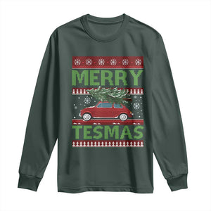 Funny Christmas Truck Long Sleeve Shirt Merry Tesmas Cybertruck Futuristic Car Ugly Sweater TS10 Dark Forest Green Print Your Wear