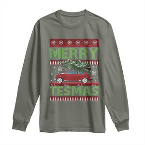 Funny Christmas Truck Long Sleeve Shirt Merry Tesmas Cybertruck Futuristic Car Ugly Sweater TS10 Military Green Print Your Wear