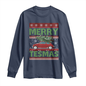 Funny Christmas Truck Long Sleeve Shirt Merry Tesmas Cybertruck Futuristic Car Ugly Sweater TS10 Navy Print Your Wear