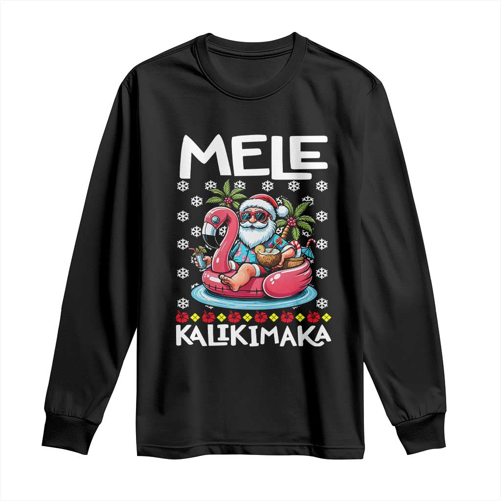 Mele Kalikimaka Hawaiian Christmas Santa Long Sleeve Shirt Palm Tree Beach Tropical Hawaii Xmas TS10 Black Print Your Wear