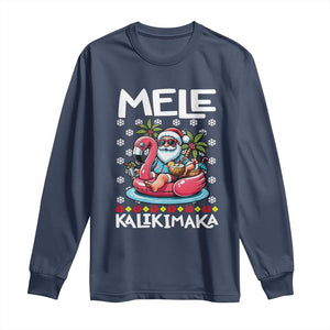 Mele Kalikimaka Hawaiian Christmas Santa Long Sleeve Shirt Palm Tree Beach Tropical Hawaii Xmas TS10 Navy Print Your Wear