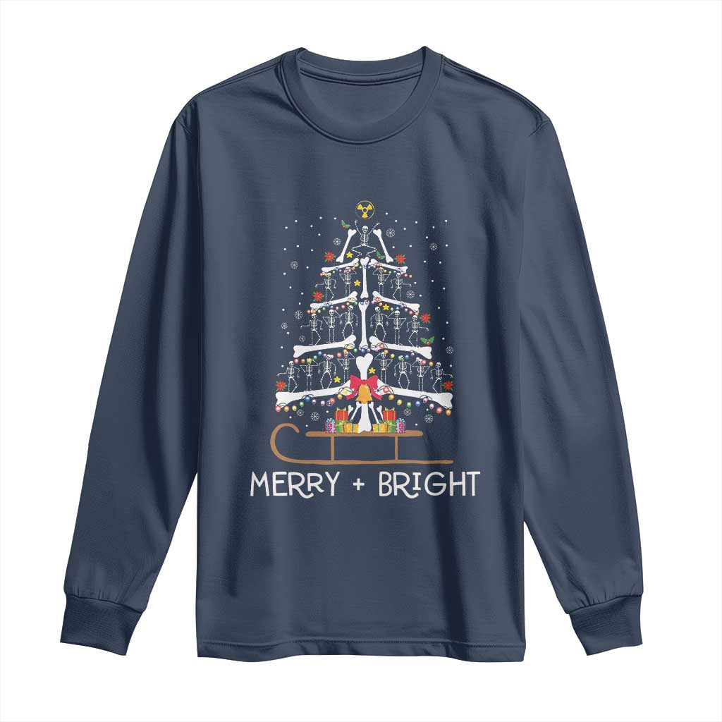 Christmas Radiology Long Sleeve Shirt Merry and Bright Dancing Skeleton Xmas Tree Rad Tech Gift TS10 Navy Print Your Wear