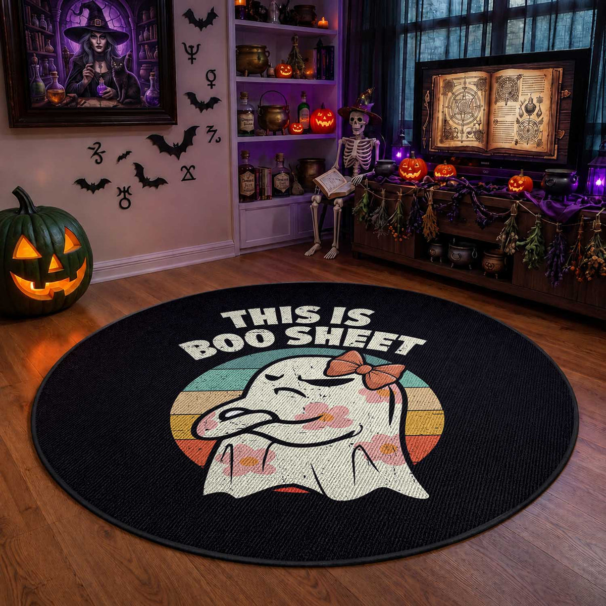 Retro Halloween Costume Women Round Rug This Is Boo Sheet Cute Spooky Ghost