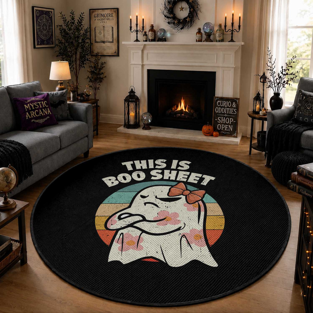 Retro Halloween Costume Women Round Rug This Is Boo Sheet Cute Spooky Ghost