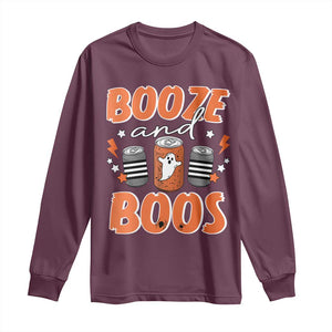 Retro Halloween Booze And Boos Long Sleeve Shirt Boo Sheet Ghost Spooky Season TS10 Maroon Print Your Wear