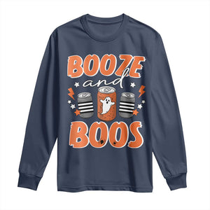 Retro Halloween Booze And Boos Long Sleeve Shirt Boo Sheet Ghost Spooky Season TS10 Navy Print Your Wear