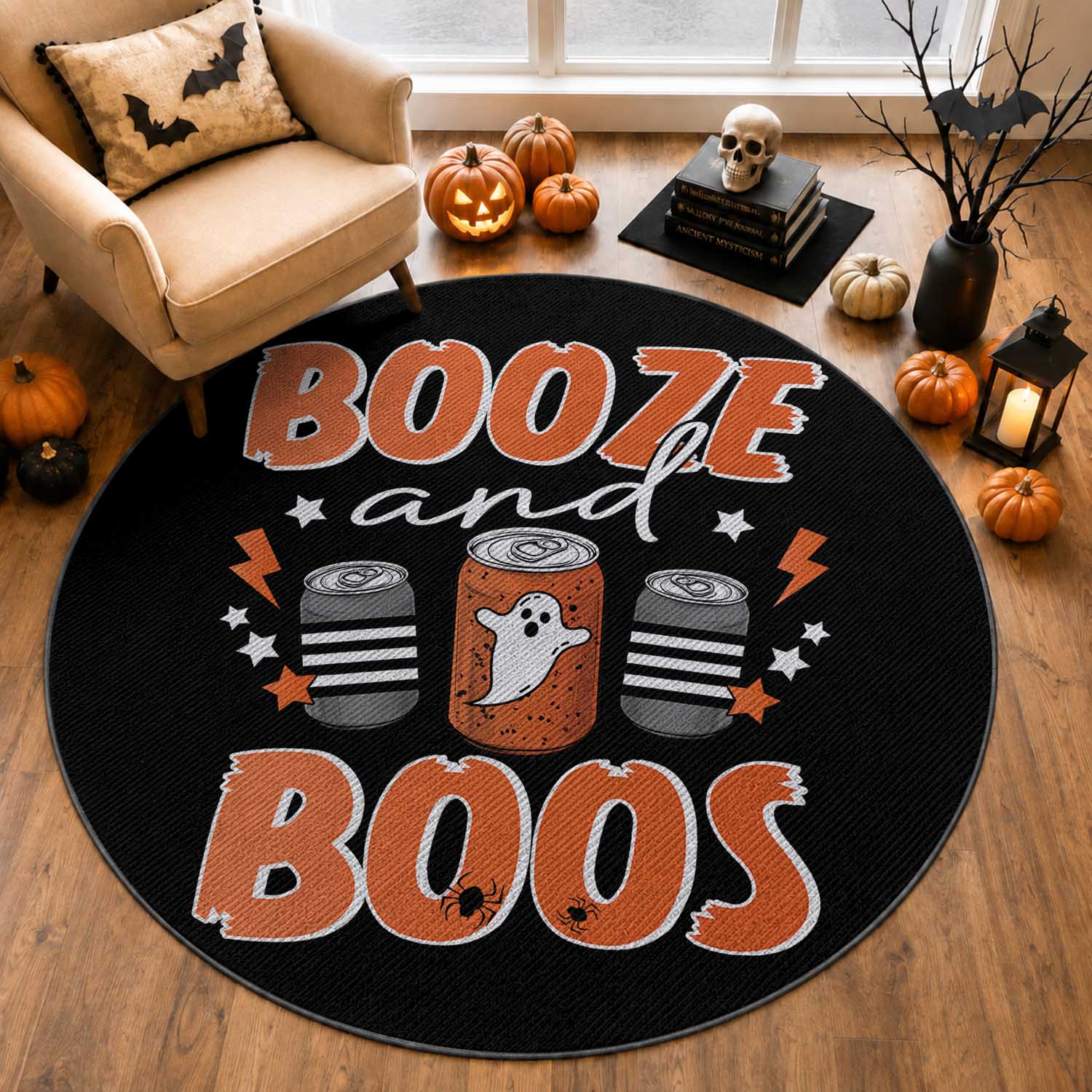 Retro Halloween Booze And Boos Round Rug Boo Sheet Ghost Spooky Season