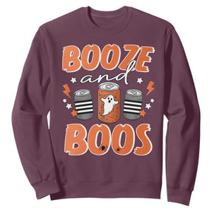 Retro Halloween Booze And Boos Sweatshirt Boo Sheet Ghost Spooky Season TS10 Maroon Print Your Wear