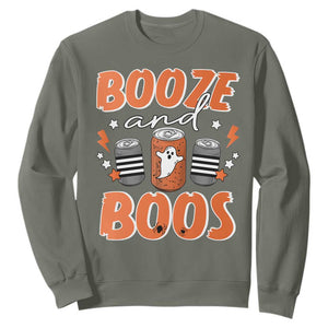 Retro Halloween Booze And Boos Sweatshirt Boo Sheet Ghost Spooky Season TS10 Military Green Print Your Wear