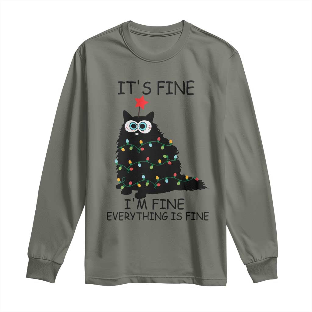 Funny Christmas Cat Long Sleeve Shirt It's Fine I'm Fine Everything Is Fine Meowy Catmas Xmas TS10 Military Green Print Your Wear