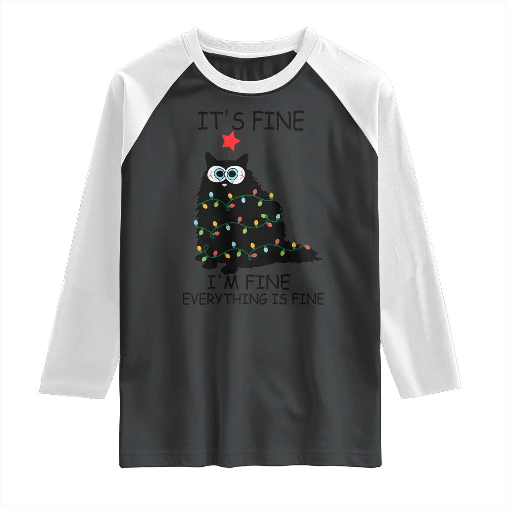 Funny Christmas Cat Raglan Shirt It's Fine I'm Fine Everything Is Fine Meowy Catmas Xmas TS10 Black White Print Your Wear