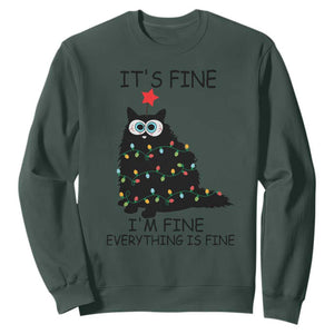 Funny Christmas Cat Sweatshirt It's Fine I'm Fine Everything Is Fine Meowy Catmas Xmas TS10 Dark Forest Green Print Your Wear