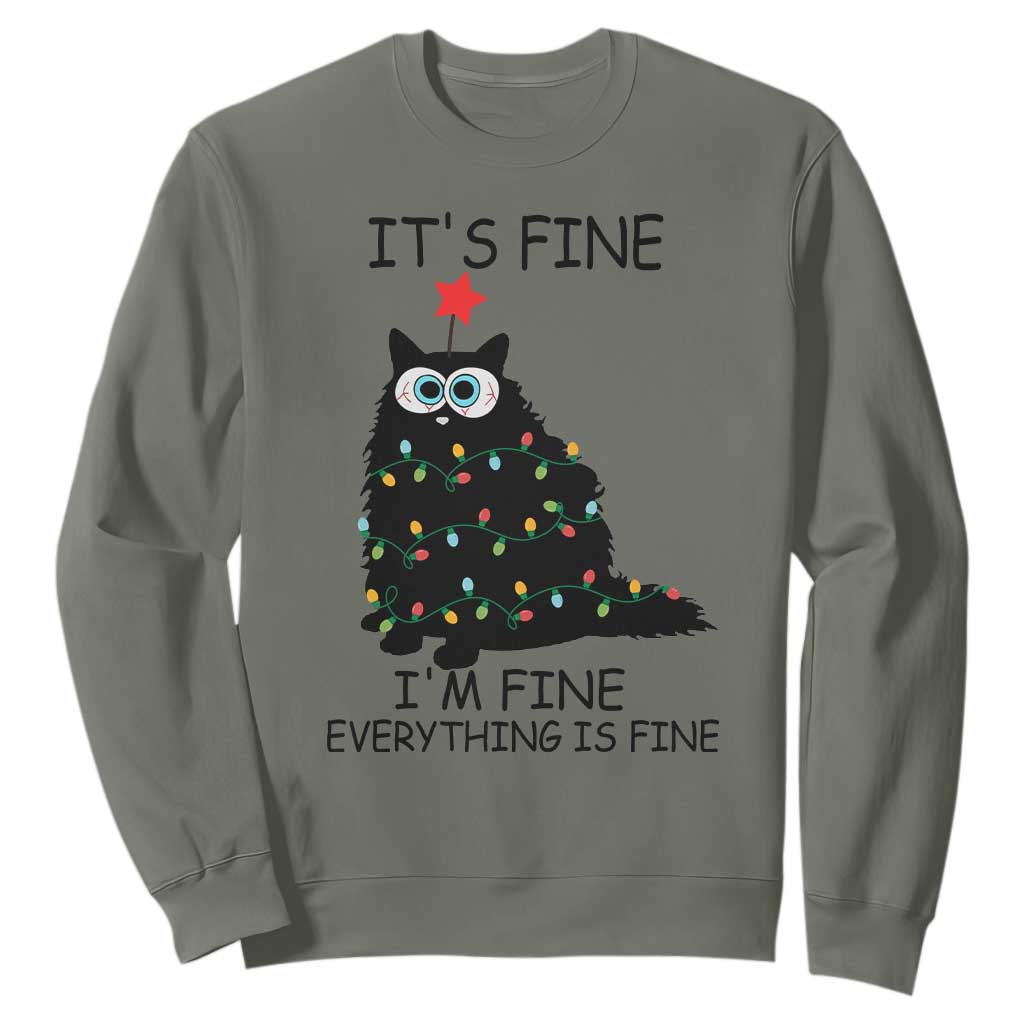 Funny Christmas Cat Sweatshirt It's Fine I'm Fine Everything Is Fine Meowy Catmas Xmas TS10 Military Green Print Your Wear