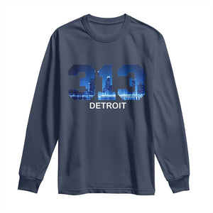 Vintage Detroit Michigan 313 Long Sleeve Shirt Area Code Skyline TS10 Navy Print Your Wear