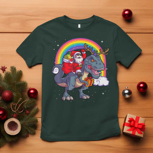 Christmas Santa Riding Dinosaur Deer Xmas T Shirt TS10 Dark Forest Green Print Your Wear