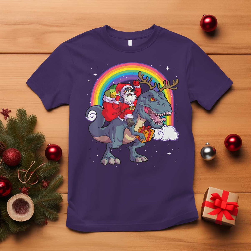 Christmas Santa Riding Dinosaur Deer Xmas T Shirt TS10 Purple Print Your Wear