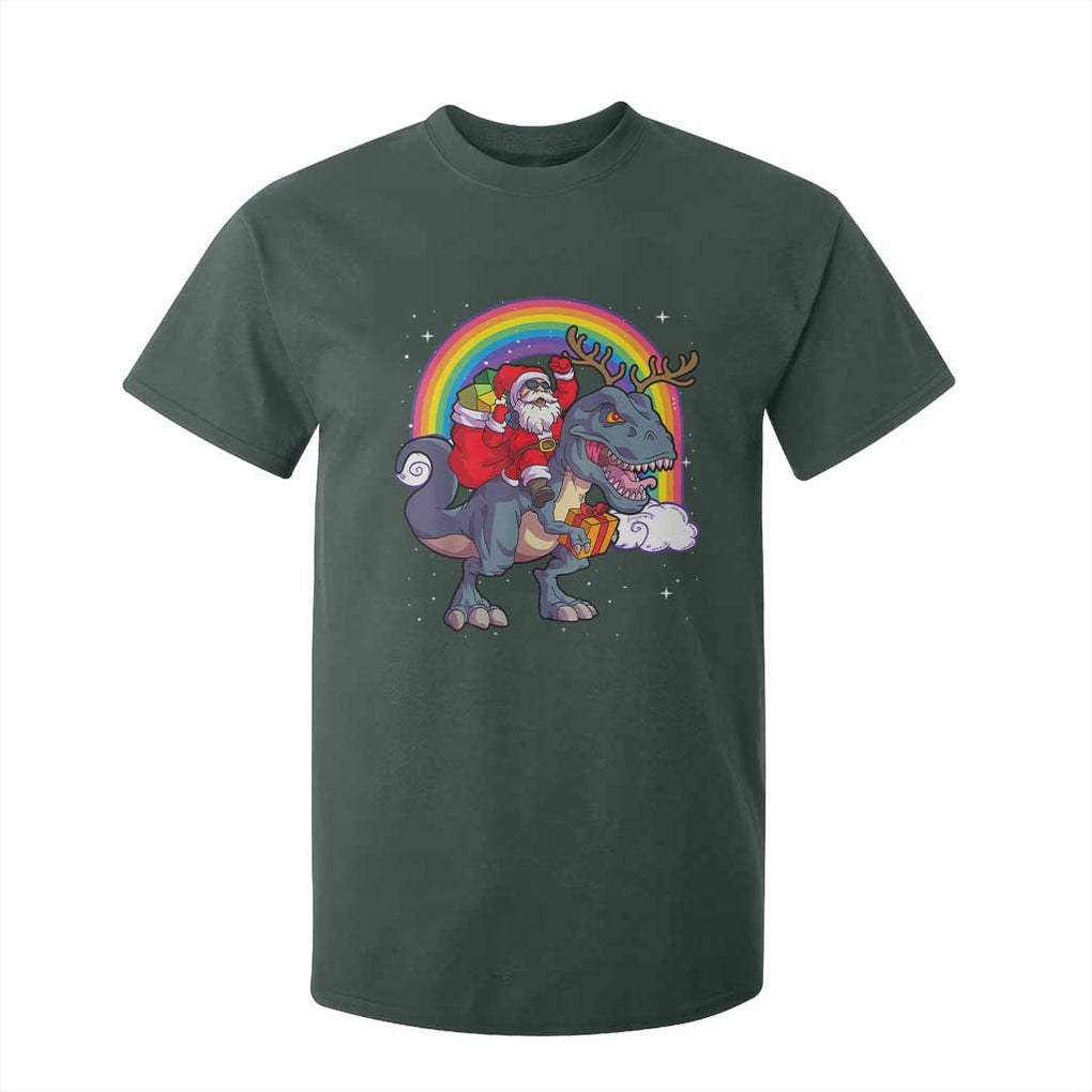 Christmas Santa Riding Dinosaur Deer Xmas T Shirt For Kid TS10 Dark Forest Green Print Your Wear