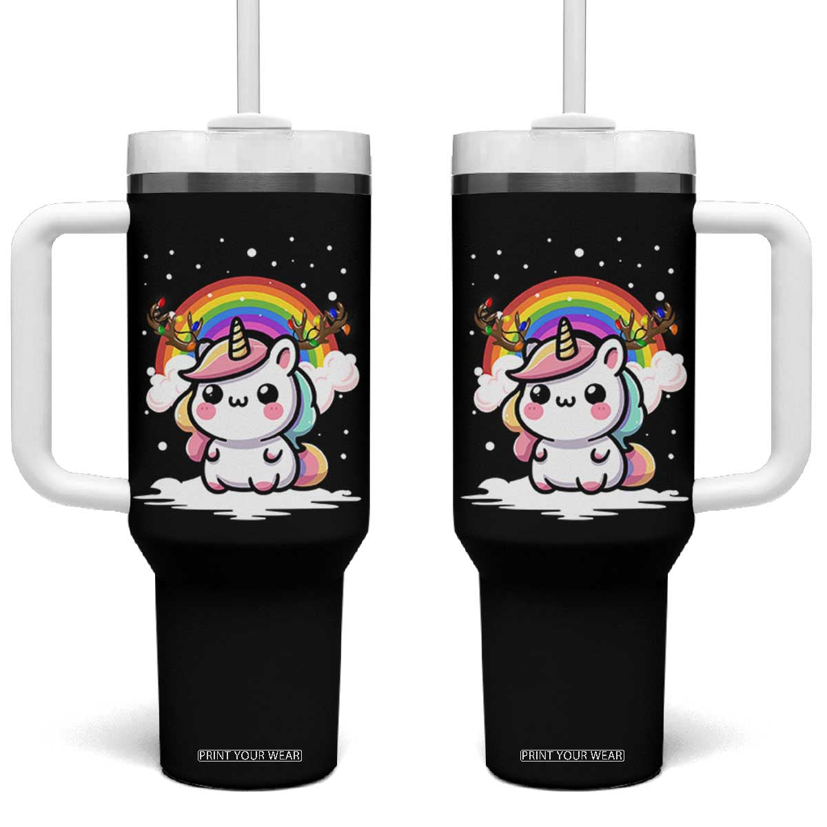 Unicorn Christmas Tumbler With Handle Cute Xmas Girls Rainbow TS10 One Size: 40 oz Black Print Your Wear