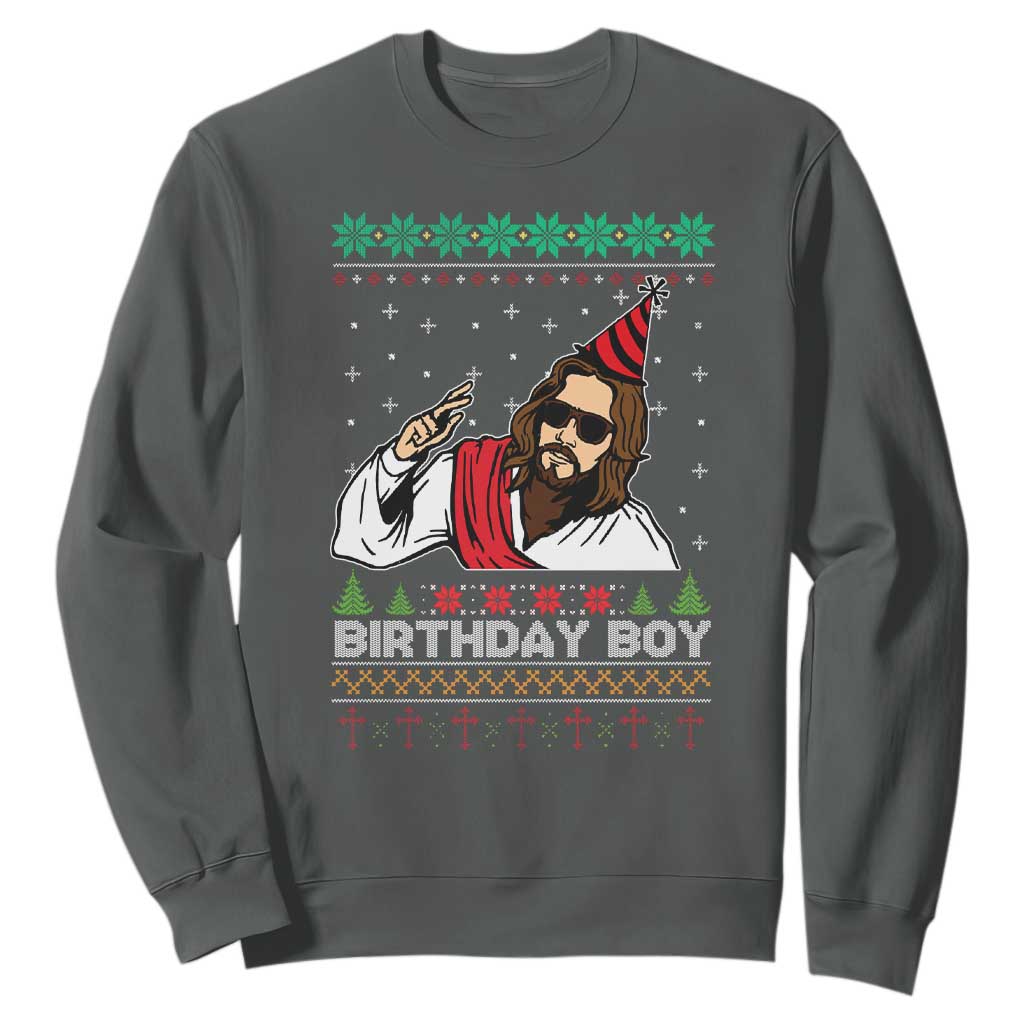 Crhistmas Birthday Boy Jesus Ugly Christmas Sweatshirt TS10 Dark Heather Print Your Wear