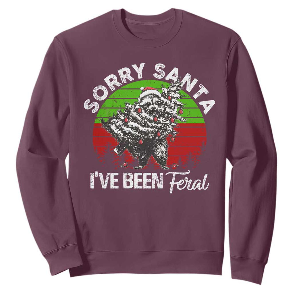 Raccoon Christmas Sweatshirt Sorry Santa I've Been Feral Retro Xmas Tree TS10 Maroon Print Your Wear