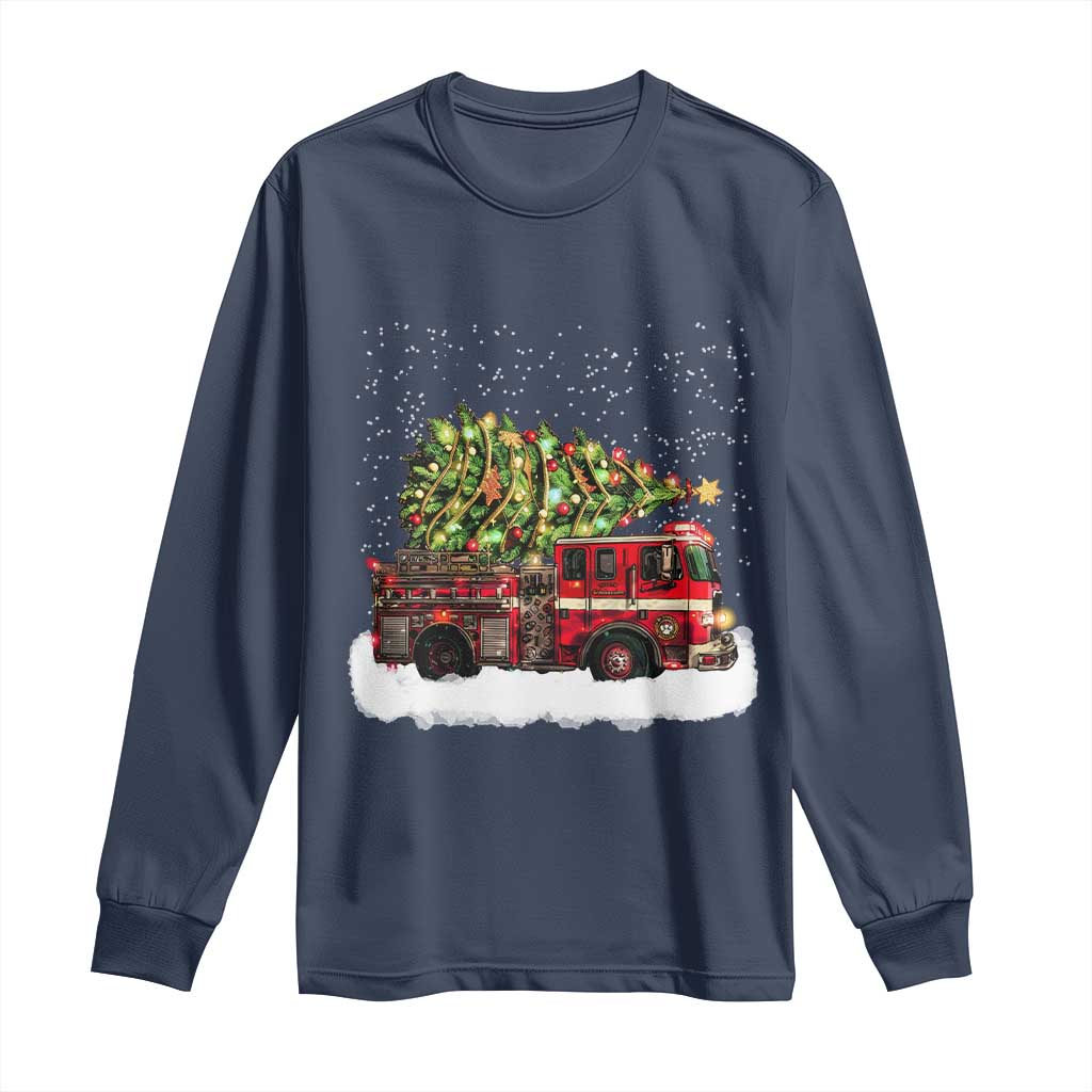 Fire Truck Christmas Long Sleeve Shirt Fireman Xmas Firefighter TS10 Navy Print Your Wear