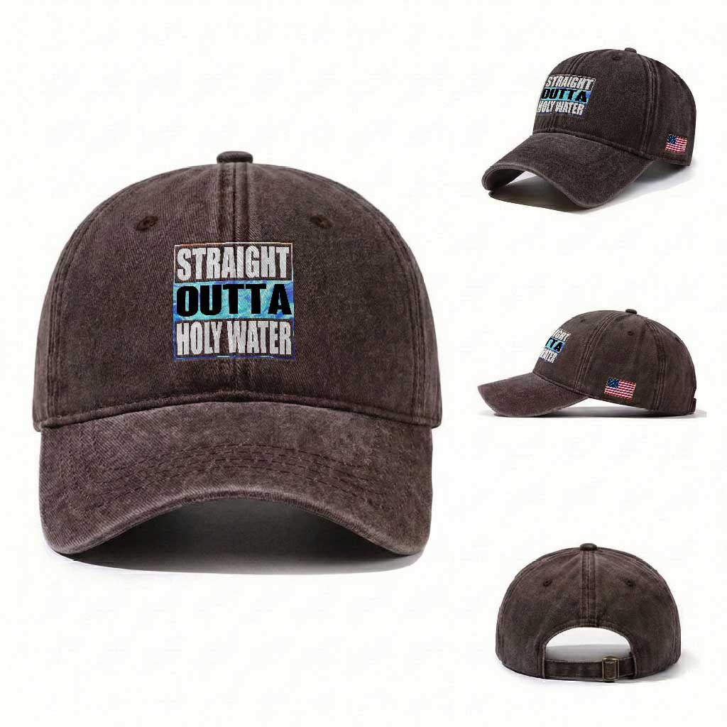 Straight Outta Holy Water Washed Cotton Baseball Cap Baptismal Baptism Christening TS10 Washed Cap Universal Fit Dark Brown Print Your Wear