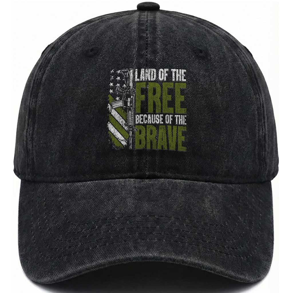 Land of the Free Because of the Brave Washed Cotton Baseball Cap Gun American Flag TS10 Washed Cap Universal Fit Black Print Your Wear