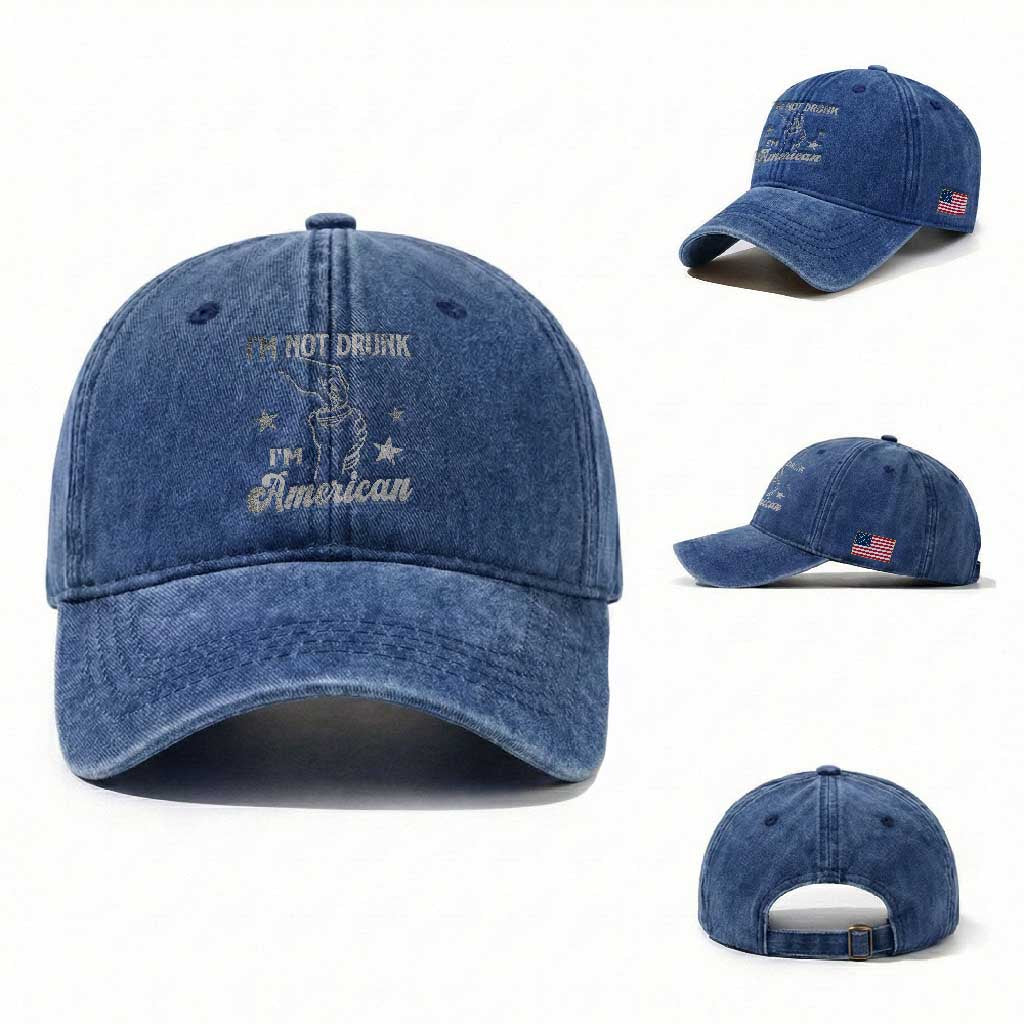Funny 4th of July Drinking Washed Cotton Baseball Cap Not Drunk I am American TS10 Washed Cap Universal Fit Royal Blue Print Your Wear