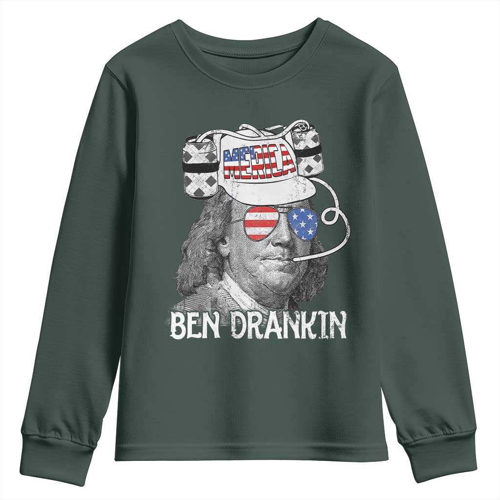 4th of July Ben Drankin Youth Sweatshirt Funny Benjamin Franklin USA Flag TS10 Dark Forest Green Print Your Wear