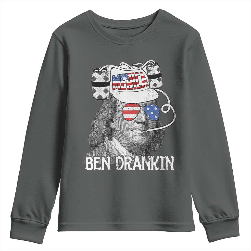 4th of July Ben Drankin Youth Sweatshirt Funny Benjamin Franklin USA Flag TS10 Dark Heather Print Your Wear
