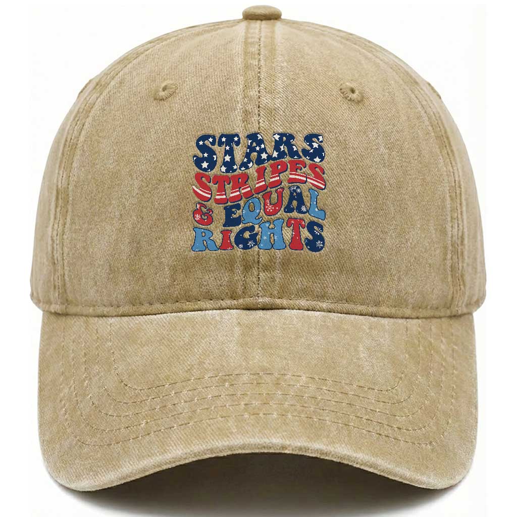 Stars Stripes And Equal Rights Washed Cotton Baseball Cap Groovy Retro 4th Of July TS10 Washed Cap Universal Fit Khaki Print Your Wear