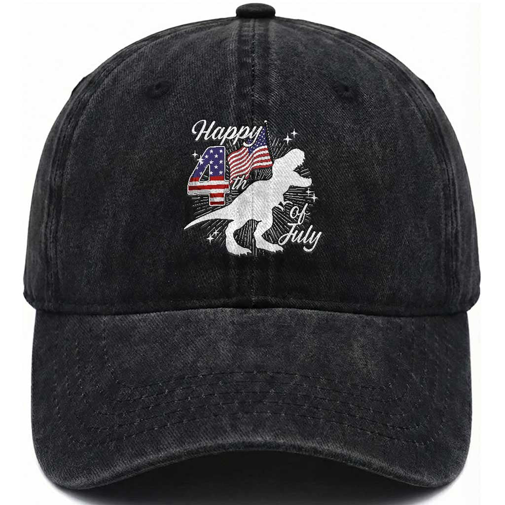 Dinosaur Happy 4th of July Washed Cotton Baseball Cap Patriotic American Flag USA TS10 Washed Cap Universal Fit Black Print Your Wear