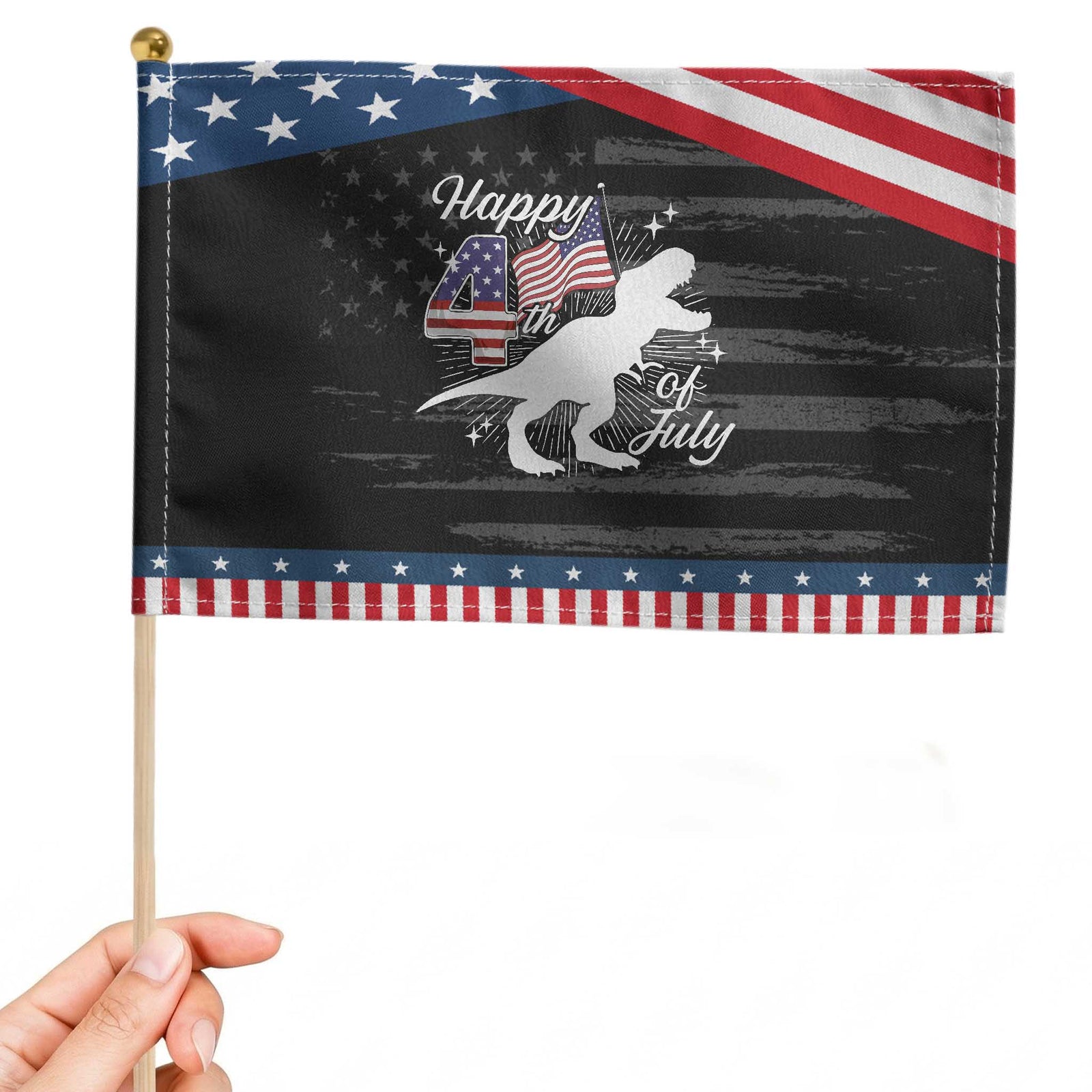 Dinosaur Happy 4th of July Patriotic Handheld Flag American Flag USA TS10 Distressed 8.2