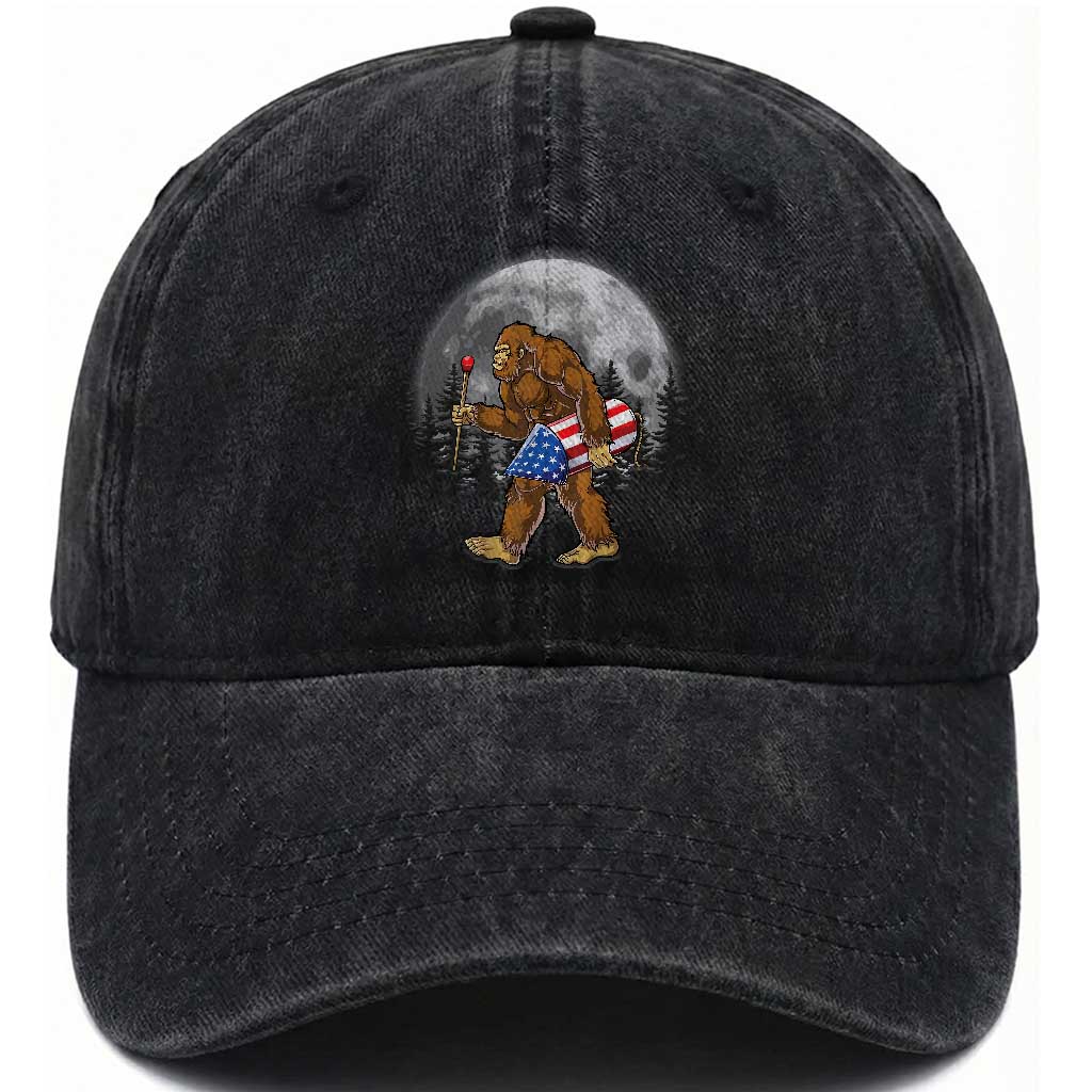 Patriotic Bigfoot 4th of July Washed Cotton Baseball Cap American Flag Merica Fireworks Sasquatch Moon TS10 Washed Cap Universal Fit Black Print Your Wear