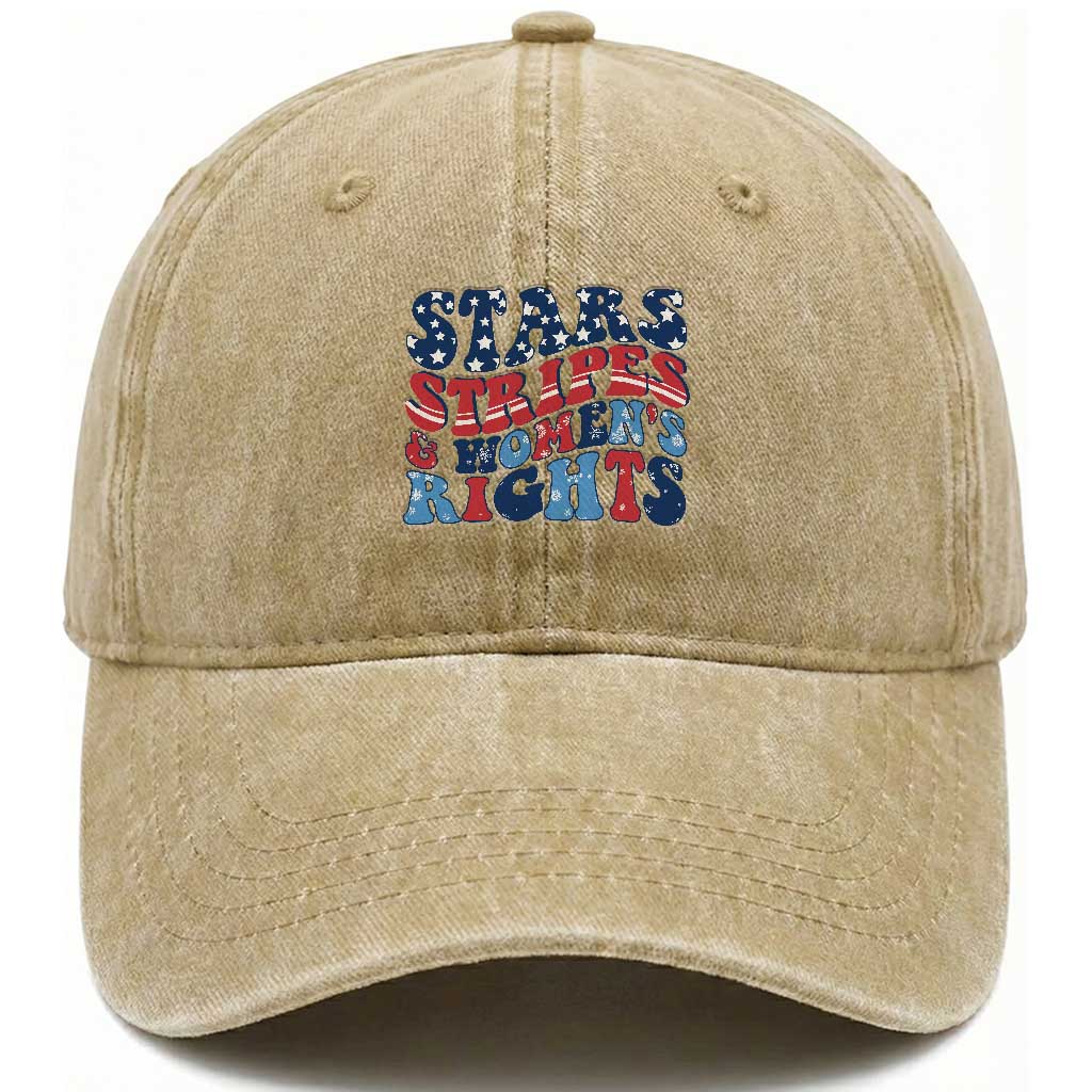 Stars Stripes And Women Rights Washed Cotton Baseball Cap Groovy Retro 4th Of July TS10 Washed Cap Universal Fit Khaki Print Your Wear