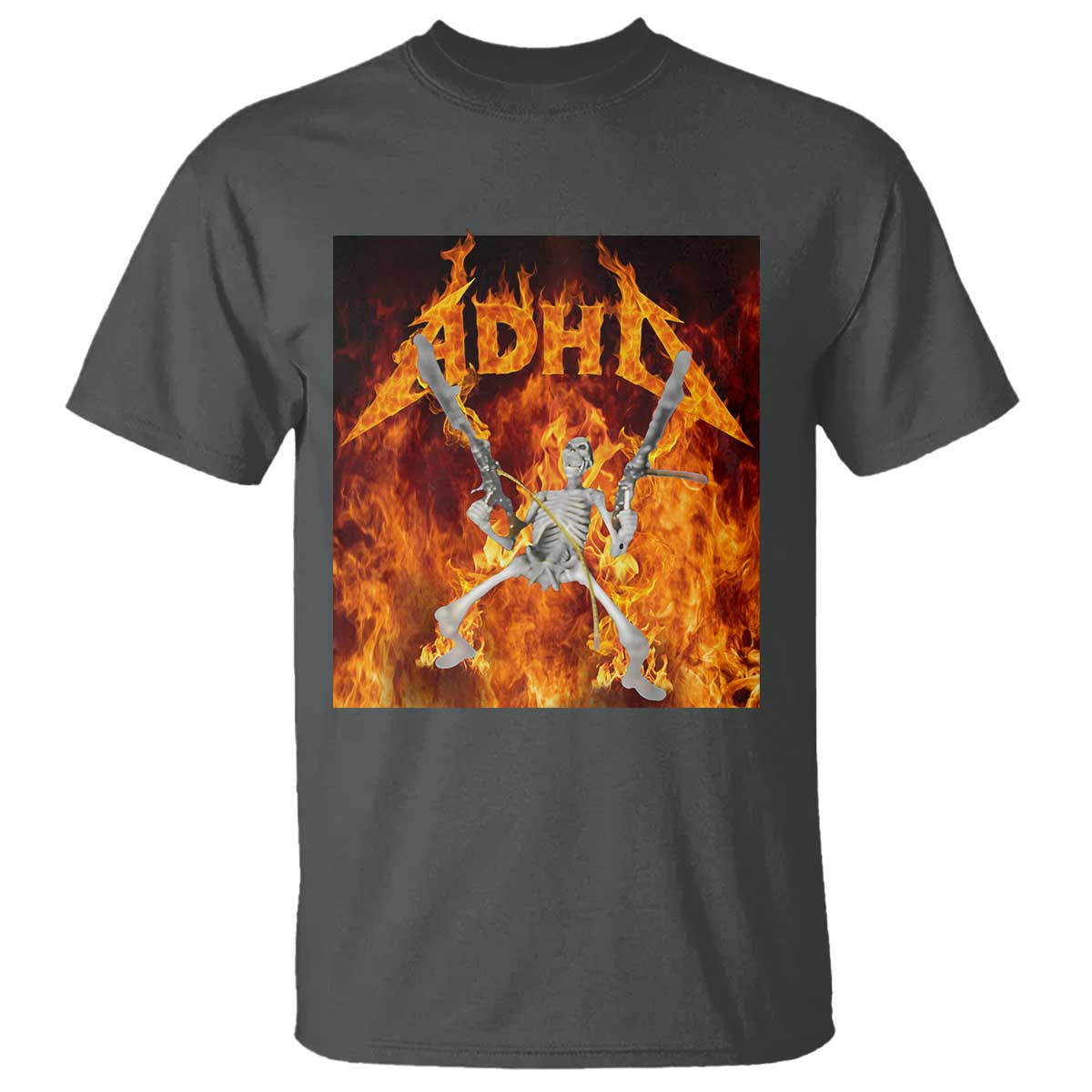 Funny Skeleton ADHD T Shirt Meme Flames Neurodivergent Gen Z TS10 Dark Heather Print Your Wear