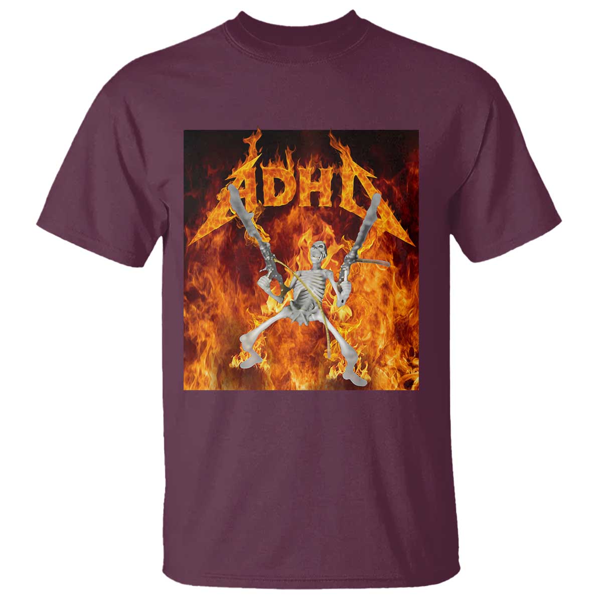 Funny Skeleton ADHD T Shirt Meme Flames Neurodivergent Gen Z TS10 Maroon Print Your Wear