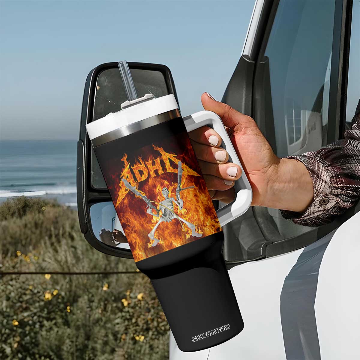 Funny Skeleton ADHD Tumbler With Handle Meme Flames Neurodivergent Gen Z TS10 Print Your Wear